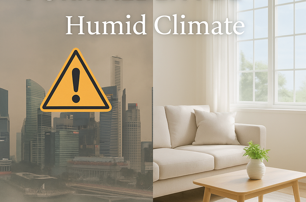 Split image showing Singapore’s humid skyline with pollution warning sign on the left, and a bright clean living room interior on the right, illustrating how humidity worsens formaldehyde indoors and how FormaldeX provides clean air.