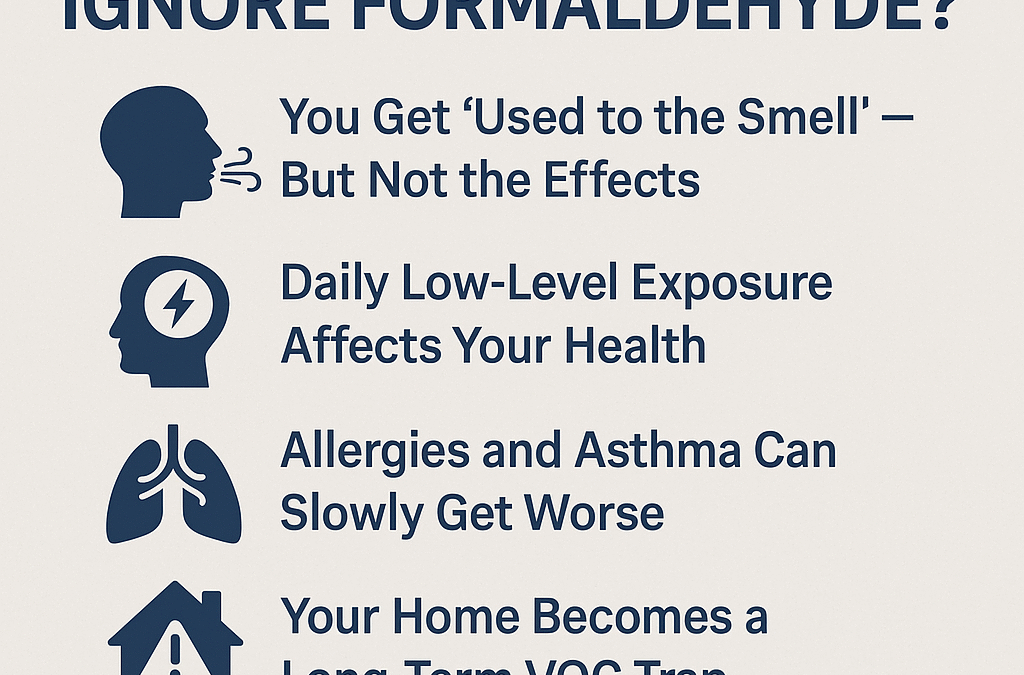 Infographic listing the long-term effects of ignoring formaldehyde, including getting used to the smell, daily low-level exposure harming health, worsening allergies and asthma, and creating a long-term VOC trap in the home.